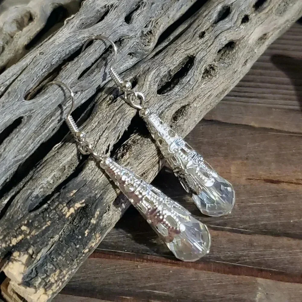 Artisan Caged Filigree Faceted Clear Crystal Silver Teardrop Earrings